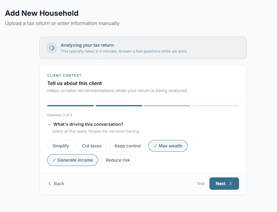 Leveridge client intake — adding a client and uploading a tax return